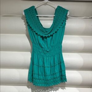 Chic Teal Crochet-Trimmed Blouse